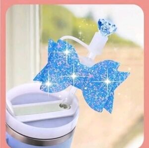 Blue Glittle Bow and Rhinestone 2 pc Reuseable Straw Topper Cap Accessory